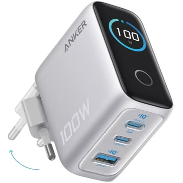 Anker hálózati töltő kijelzővel 2xUSB-C USB-A 100W ezüst (B121BG41)