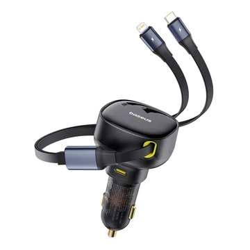 Baseus Enjoyment Pro autós töltő kihúzható kábellel USB-C + Lightning 60W fekete (C00057802111-00)