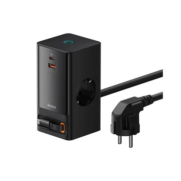 Baseus PowerCombo töltőállomás 65W 2×CEE 7/3 +1×USB-A + 1×USB-C fekete (PSLR000301)