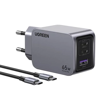 UGREEN Nexode Pro fali töltő, USB + 2x USB-C, 65W + USB-C kábel, 1.5m fekete (25871)