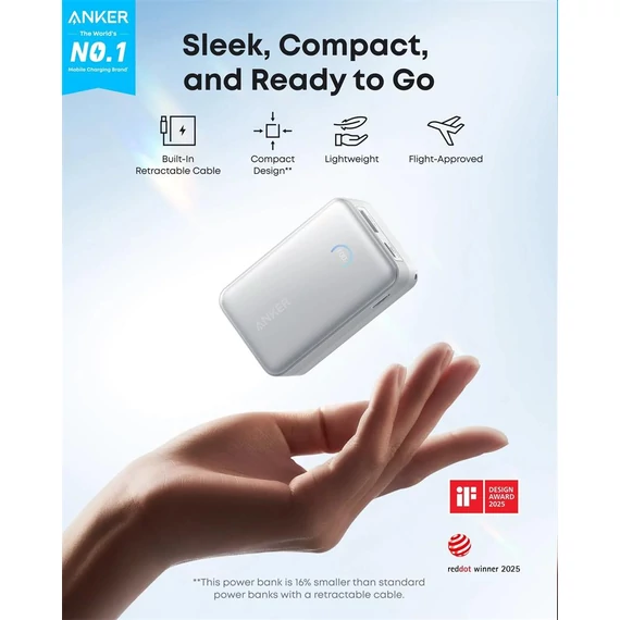 Anker Nano PowerBank 10000mAh, 45W, USB-C kábellel fehér (A1638H21)