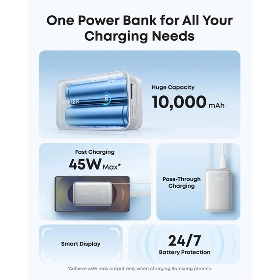 Anker Nano PowerBank 10000mAh, 45W, USB-C kábellel fehér (A1638H21)