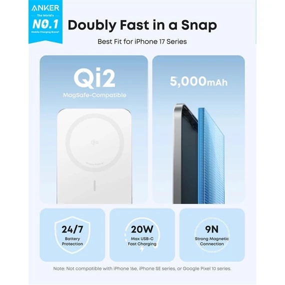 Anker Nano PowerBank 5000mAh vezeték nélküli mágneses fehér (A1665H21)