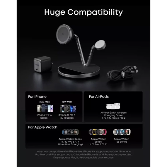 Anker Prime MagGo AirCool 3in1 vezeték nélküli töltő 25W fekete (B25X7G11)
