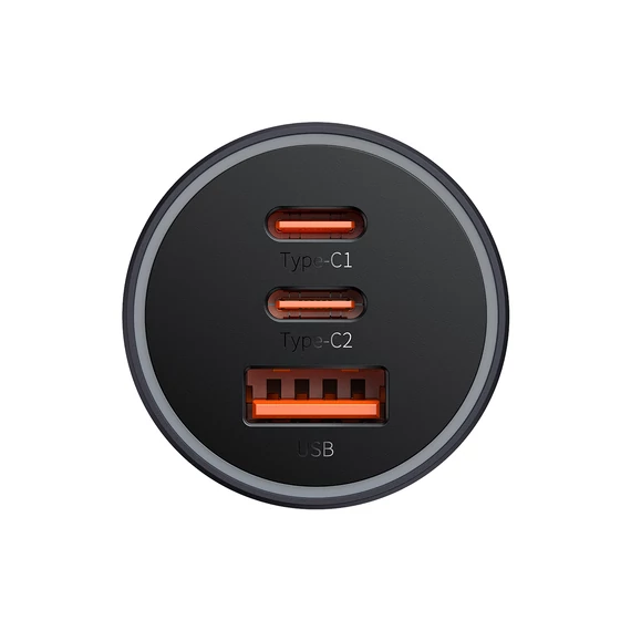 Baseus Golden Contactor Pro GaN autós gyorstöltő 65W USB-A + 2×USB-C szürke (C00035202841-00)