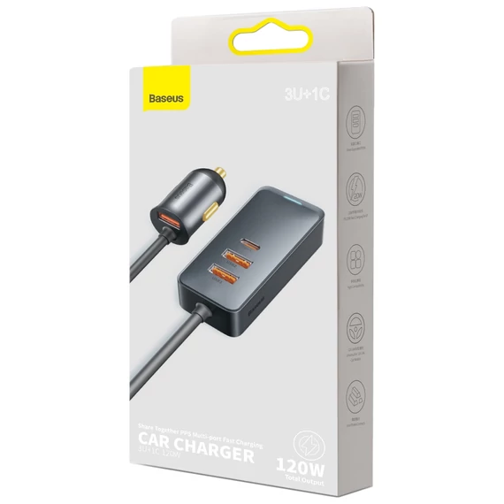 Baseus Share Together PPS autós gyorstöltős hosszabbítóval 120W 3xUSB-A 1xUSB-C szürke (CCBT-B0G)