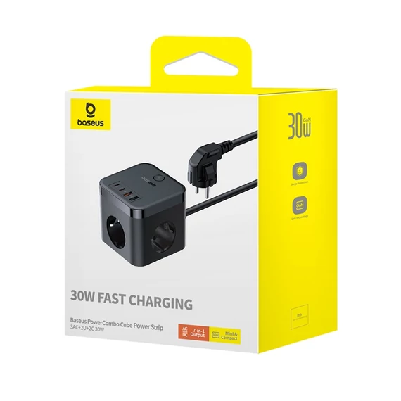 Baseus PowerCombo Cube töltőállomás 30W 3×CEE 7/3 2×USB-A 2×USB-C fekete (E00066400117-00)