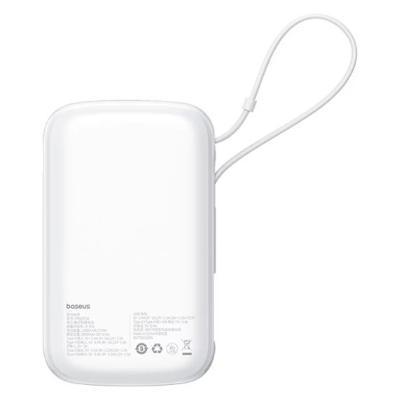 Baseus Qpow Pro+ gyorstöltő powerbank 10000 mAh 22.5W beépített USB-C kábel fehér (P10067101213-00)