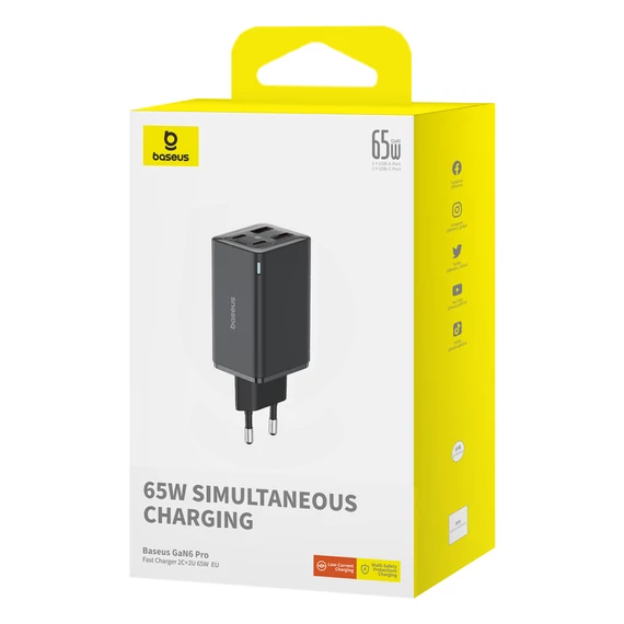 Baseus GaN6 Pro hálózati gyorstöltő 65W 2×USB-C + 2×USB-A fekete (P10162701113-00)