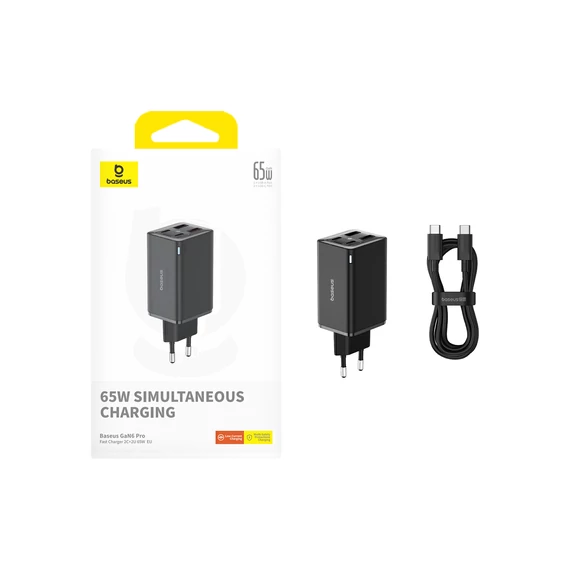 Baseus GaN6 Pro hálózati gyorstöltő 65W 2×USB-C + 2×USB-A fekete (P10162701113-00)