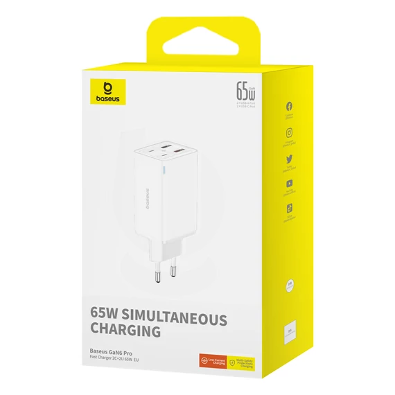 Baseus GaN6 Pro hálózati gyorstöltő 65W 2×USB-C + 2×USB-A fehér (P10162701213-00)