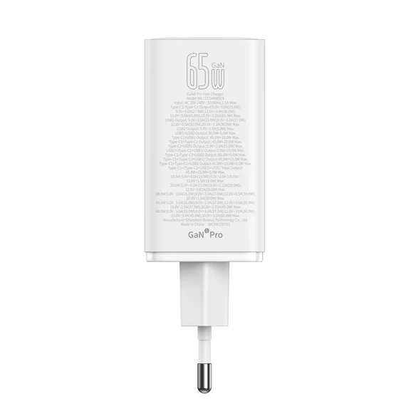 Baseus GaN6 Pro hálózati gyorstöltő 65W 2×USB-C + 2×USB-A fehér (P10162701213-00)