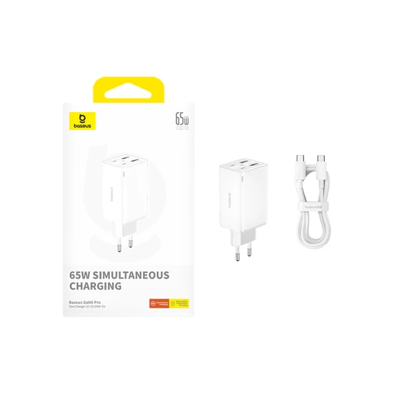 Baseus GaN6 Pro hálózati gyorstöltő 65W 2×USB-C + 2×USB-A fehér (P10162701213-00)