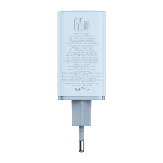 Baseus GaN6 Pro hálózati gyorstöltő 65W 2×USB-C + 2×USB-A kék (P10162701313-00)