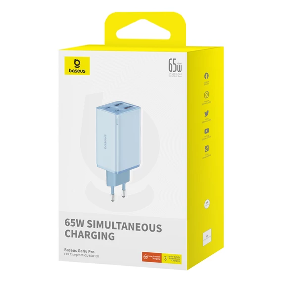 Baseus GaN6 Pro hálózati gyorstöltő 65W 2×USB-C + 2×USB-A kék (P10162701313-00)