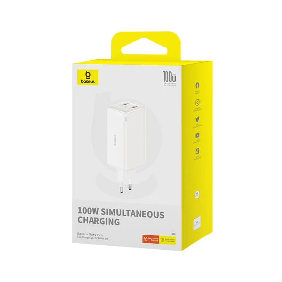 Baseus GaN6 Pro hálózati gyorstöltő 100W 2×USB-C + 2×USB-A fehér (P10162705212-00)