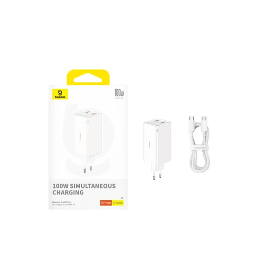 Baseus GaN6 Pro hálózati gyorstöltő 100W 2×USB-C + 2×USB-A fehér (P10162705212-00)