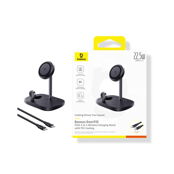 Baseus EnerFill FS41 3-in-1 vezeték nélküli töltő állvány 22,5W, fekete + USB Type-C, 1m kábel (P10281904123-02)