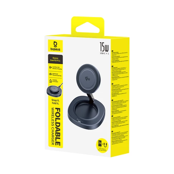 Baseus EnerFill FF11 összehajtható vezeték nélküli töltő, 15W, 20W-os adapterrel és Type-C – Type-C 1m kábellel, fekete (P10282103123-00)