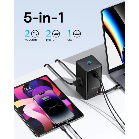 Baseus PowerCombo töltőállomás 65W 2×CEE 7/3 +1×USB-A + 1×USB-C fekete (PSLR000301)