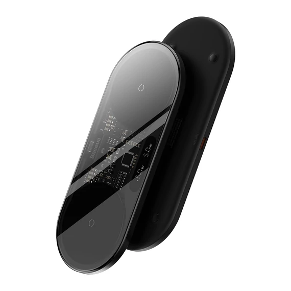 Baseus digitális LED kijelzős 2 az 1-ben vezeték nélküli töltő, 20W, univerzális verzió, USB – Type-C 3A 1m kábellel, fekete (WXSX010101)