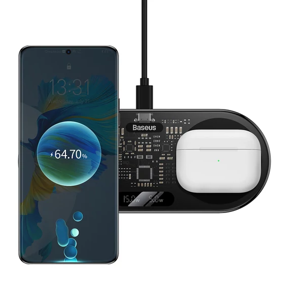 Baseus digitális LED kijelzős 2 az 1-ben vezeték nélküli töltő, 20W, univerzális verzió, USB – Type-C 3A 1m kábellel, fekete (WXSX010101)