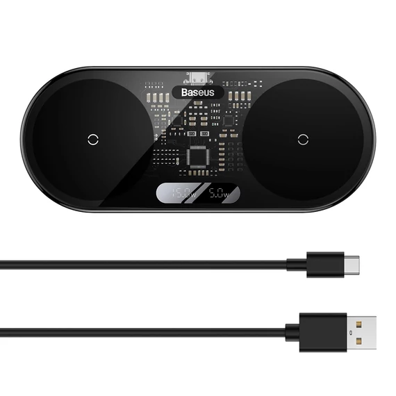 Baseus digitális LED kijelzős 2 az 1-ben vezeték nélküli töltő, 20W, univerzális verzió, USB – Type-C 3A 1m kábellel, fekete (WXSX010101)