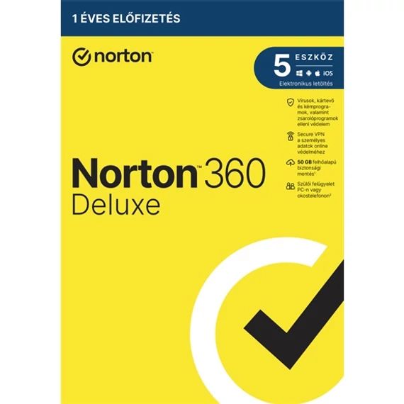 Norton 360 Deluxe 50GB HU 1 felhasználó 5 eszköz 1 év  dobozos vírusírtó szoftver (21416689)