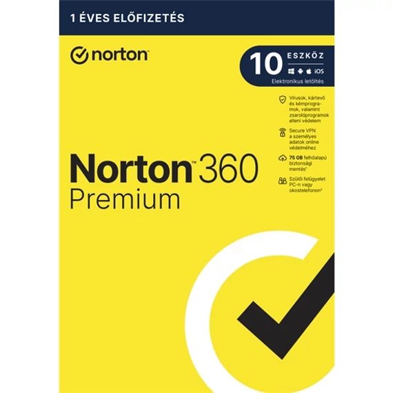 Norton 360 Premium 75GB HU 1 felhasználó 10 eszköz 1 év dobozos vírusírtó szoftver (21416702)