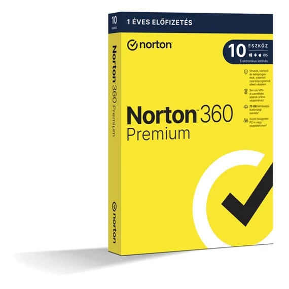 Norton 360 Premium 75GB HU 1 felhasználó 10 eszköz 1 év dobozos vírusírtó szoftver (21416702)