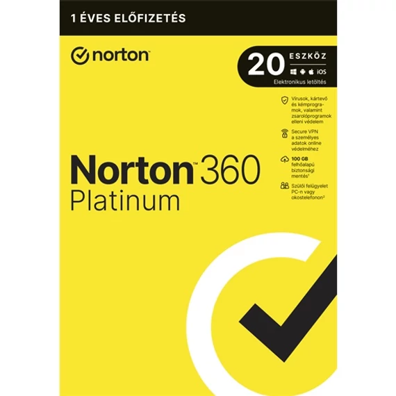 Norton 360 Platinum 100GB HU 1 felhasználó 20 eszköz 1 év dobozos vírusírtó szoftver (21428042)