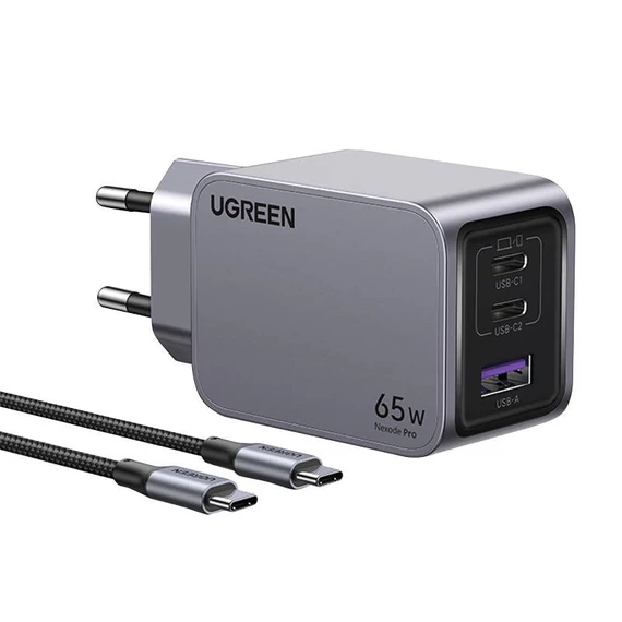 UGREEN Nexode Pro fali töltő, USB + 2x USB-C, 65W + USB-C kábel, 1.5m fekete (25871)
